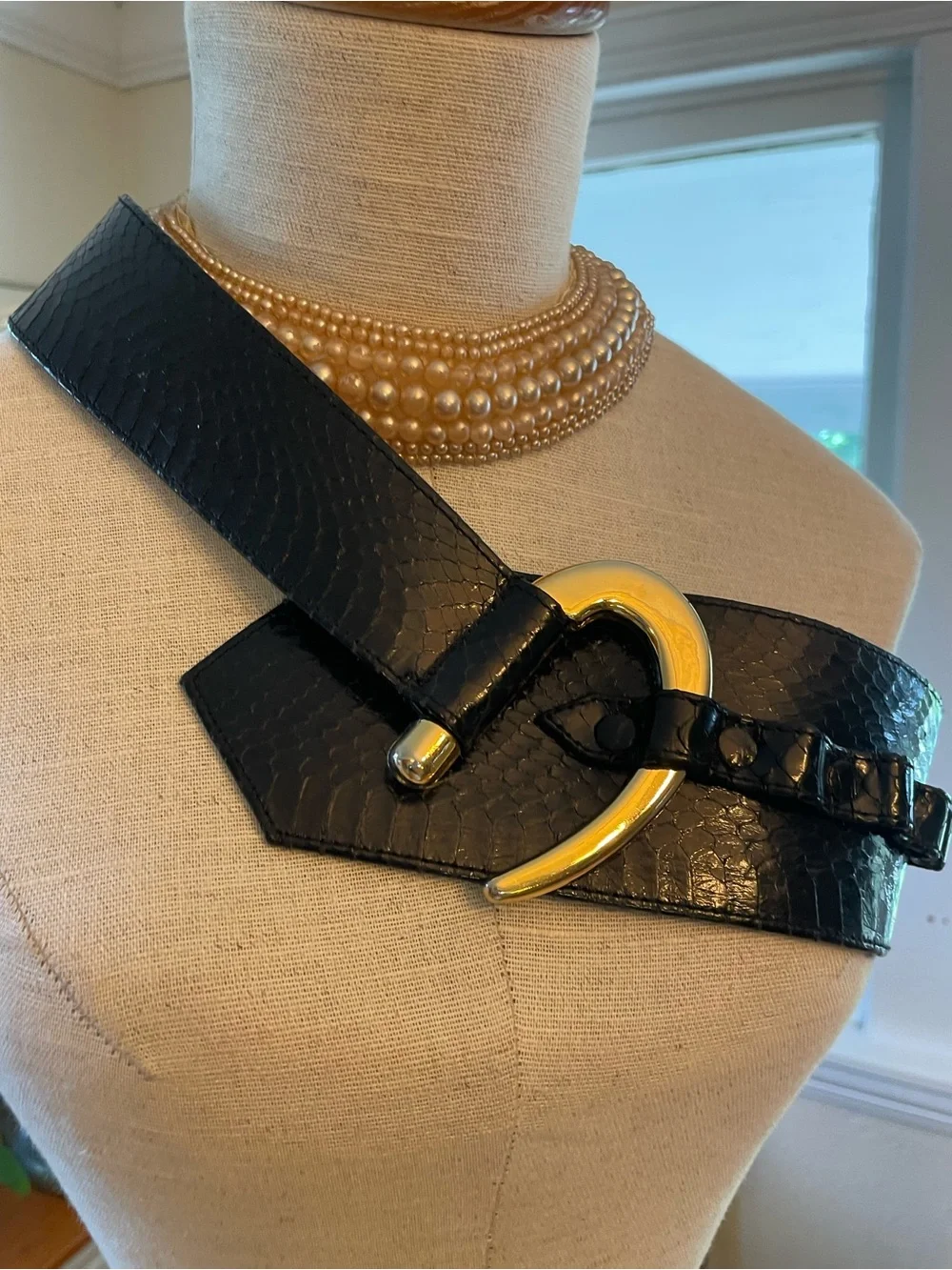 Black Snake Skin Leather Statement Belt with Gold Buckle